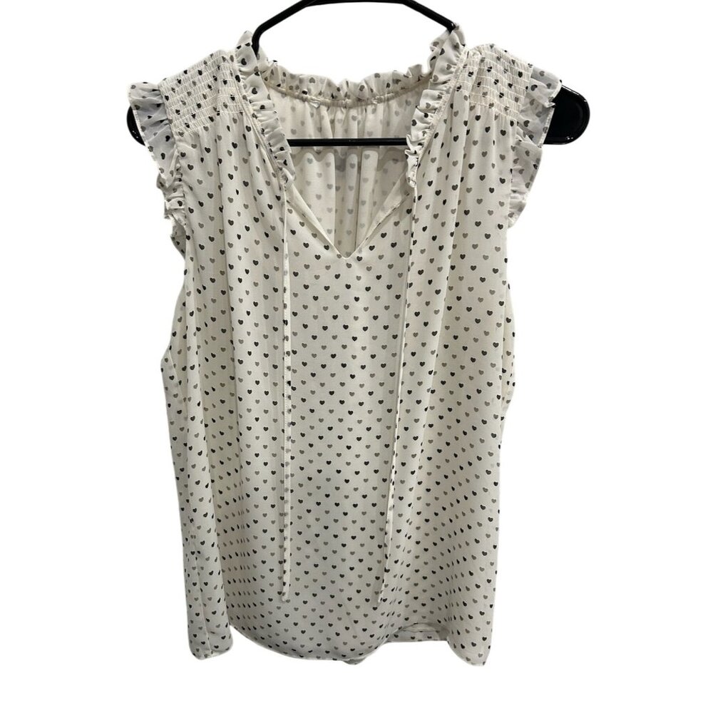 Heart-Printed Ivory Sleeveless Blouse With Ruffled Detail V-Neckline